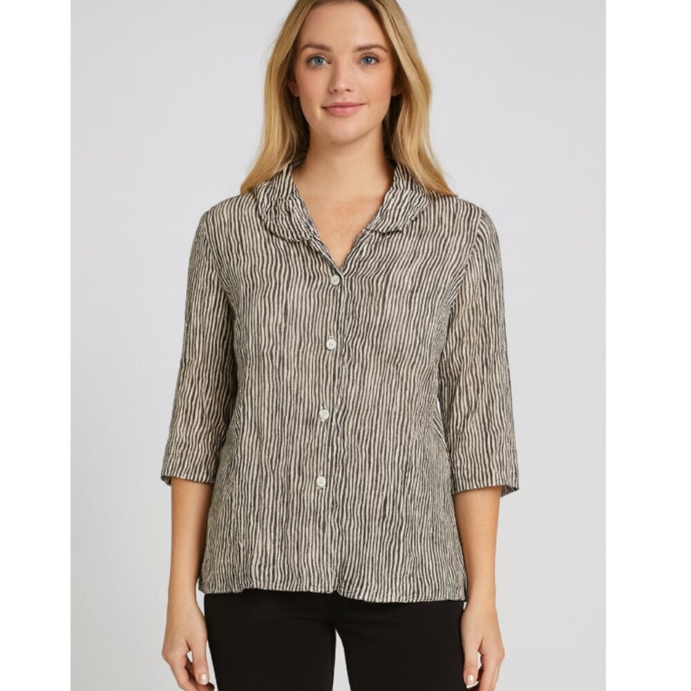 Terra Shirt Womens Small Black White Striped Button Up Lightweight Tencel Rayon